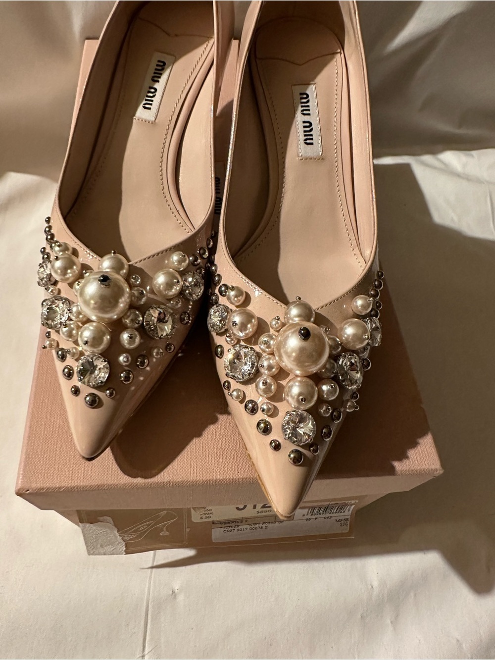 Authentic Miu Miu Nude Pink Jeweled Pointed-Toe kitten heel